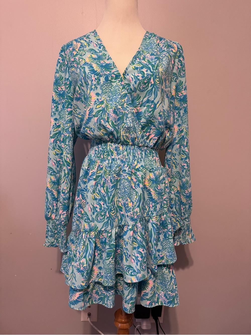 Lilly Pulitzer Cristiana Aqua Floral V-Neck Tiered Long Sleeve Ruffle Dress